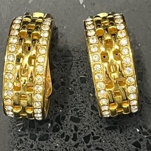 Kenneth Jay Lane KJL vintage panther Link crystal Gold clip on hoop earrings QVC